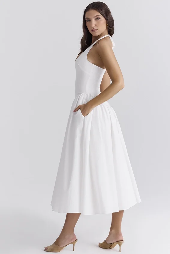 Marilyn White Cotton Halter Midi Sundress Marilyn White Cotton Halter Midi Sundress