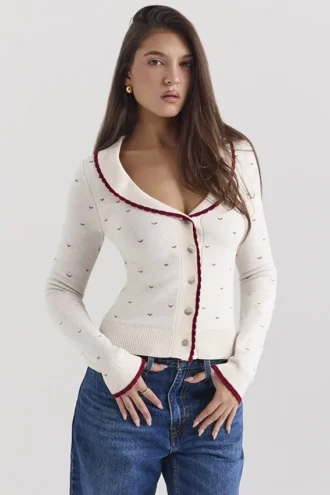 Marla Ivory Cashmere Blend Trimmed Cardigan Marla Ivory Cashmere Blend Trimmed Cardigan