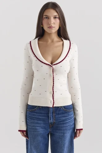 Marla Ivory Cashmere Blend Trimmed Cardigan Marla Ivory Cashmere Blend Trimmed Cardigan