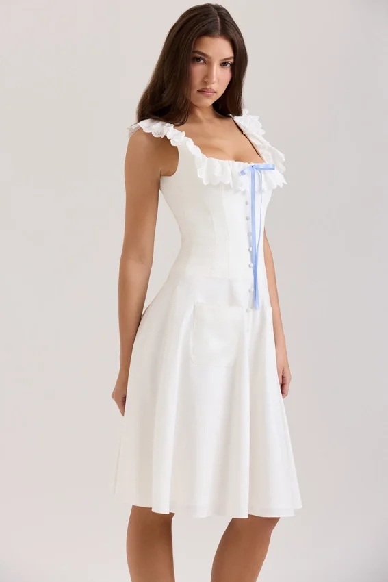 Mathilde White Cotton Broderie Anglaise Trim Midi Dress Mathilde White Cotton Broderie Anglaise Trim Midi Dress