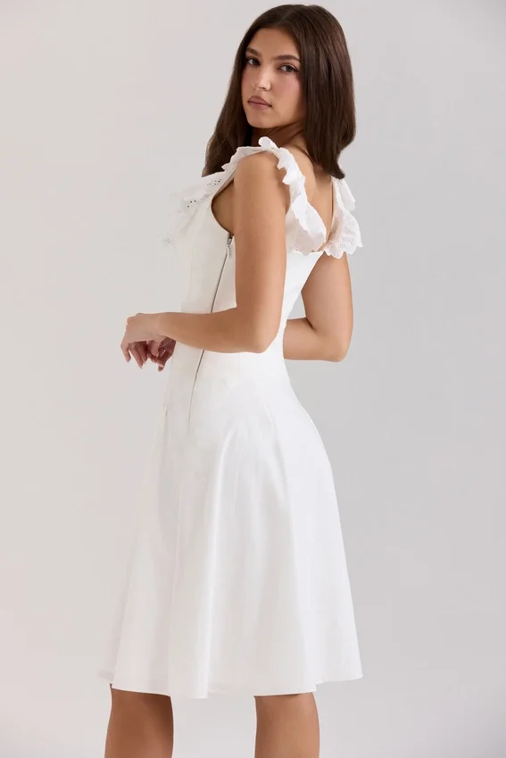 Mathilde White Cotton Broderie Anglaise Trim Midi Dress Mathilde White Cotton Broderie Anglaise Trim Midi Dress