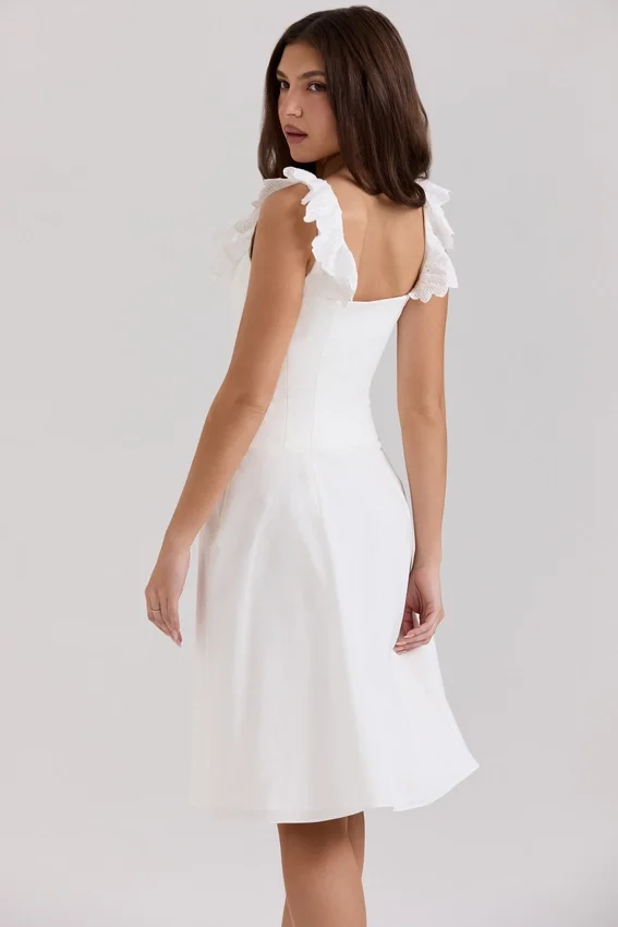 Mathilde White Cotton Broderie Anglaise Trim Midi Dress Mathilde White Cotton Broderie Anglaise Trim Midi Dress