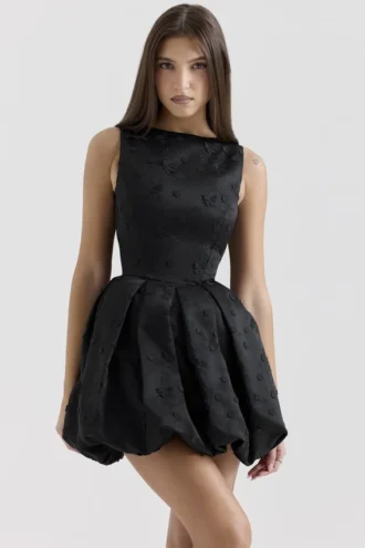 Melika Black Backless Embroidered Mini Puffball Dress
Melika Black Backless Embroidered Mini Puffball Dress