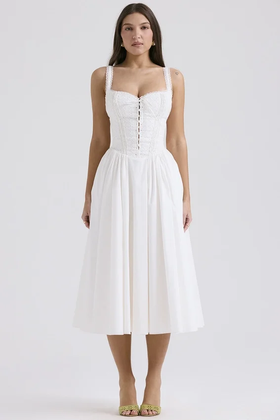 Milia White Broderie Anglais & Cotton Midi Dress Milia White Broderie Anglais & Cotton Midi Dress