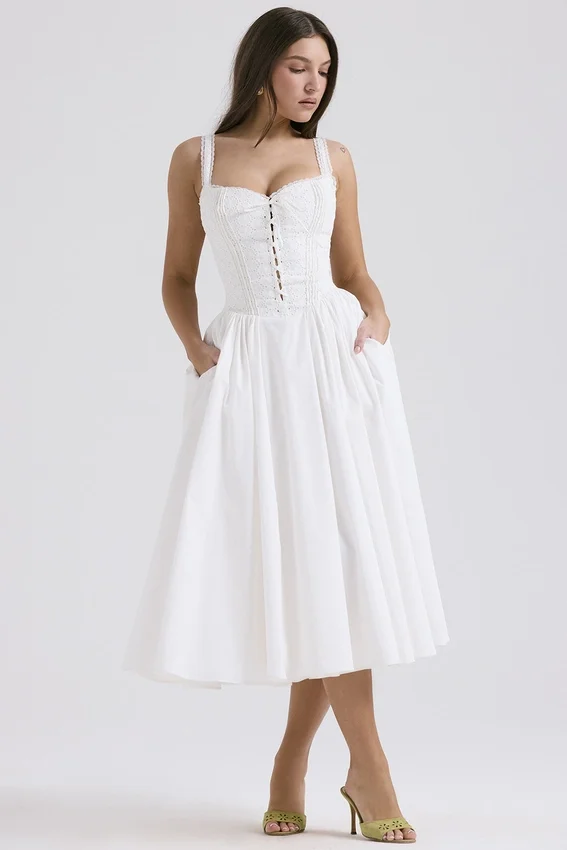 Milia White Broderie Anglais & Cotton Midi Dress Milia White Broderie Anglais & Cotton Midi Dress