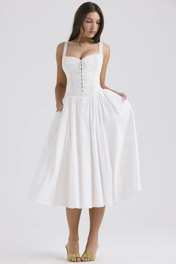 Milia White Broderie Anglais & Cotton Midi Dress Milia White Broderie Anglais & Cotton Midi Dress