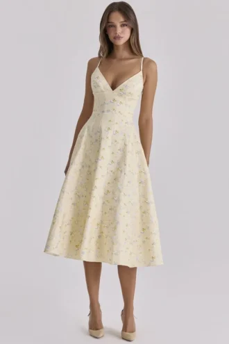 Millie Lemon Floral Print Strappy Cotton Midi Sundress