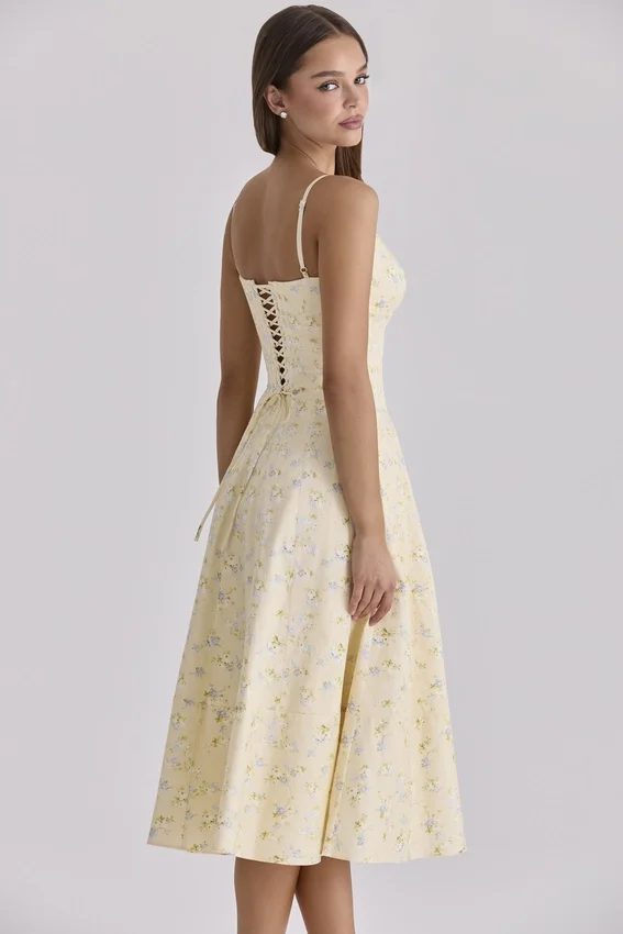 Millie Lemon Floral Print Strappy Cotton Midi Sundress Millie Lemon Floral Print Strappy Cotton Midi Sundress