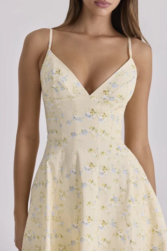 Millie Lemon Floral Print Strappy Cotton Midi Sundress Millie Lemon Floral Print Strappy Cotton Midi Sundress