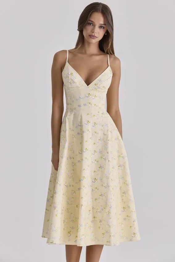 Millie Lemon Floral Print Strappy Cotton Midi Sundress Millie Lemon Floral Print Strappy Cotton Midi Sundress
