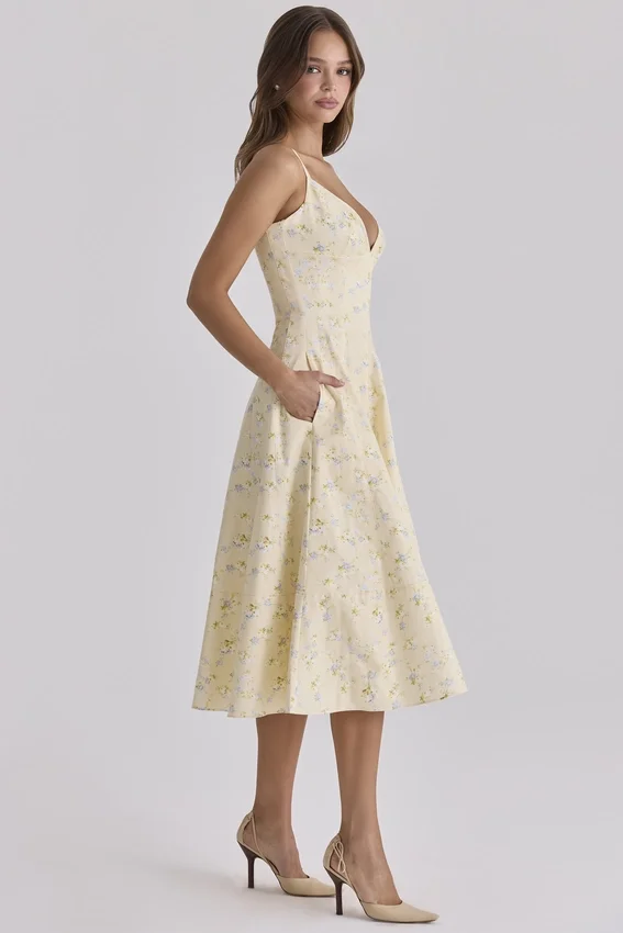 Millie Lemon Floral Print Strappy Cotton Midi Sundress Millie Lemon Floral Print Strappy Cotton Midi Sundress