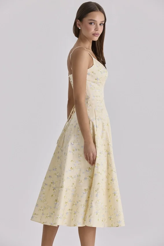 Millie Lemon Floral Print Strappy Cotton Midi Sundress Millie Lemon Floral Print Strappy Cotton Midi Sundress