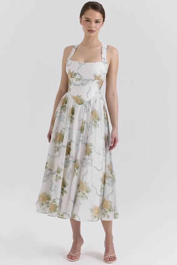 Minerva Soft Blue Vintage Ribbon Print Chiffon Midi Dress Minerva Soft Blue Vintage Ribbon Print Chiffon Midi Dress