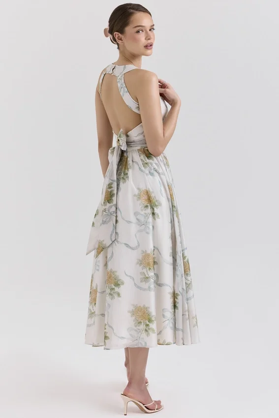 Minerva Soft Blue Vintage Ribbon Print Chiffon Midi Dress Minerva Soft Blue Vintage Ribbon Print Chiffon Midi Dress