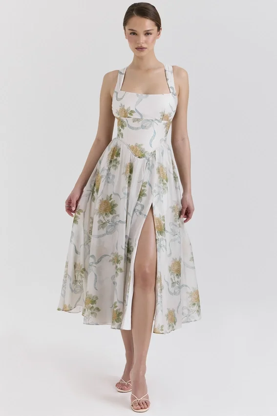 Minerva Soft Blue Vintage Ribbon Print Chiffon Midi Dress Minerva Soft Blue Vintage Ribbon Print Chiffon Midi Dress
