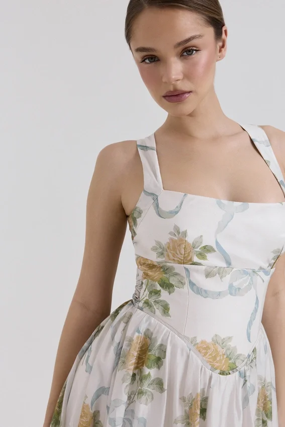 Minerva Soft Blue Vintage Ribbon Print Chiffon Midi Dress Minerva Soft Blue Vintage Ribbon Print Chiffon Midi Dress