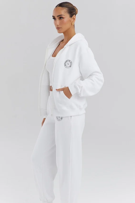 Mirage White Cotton Fleece-Back Zip Through Hoodie Mirage White Cotton Fleece-Back Zip Through Hoodie