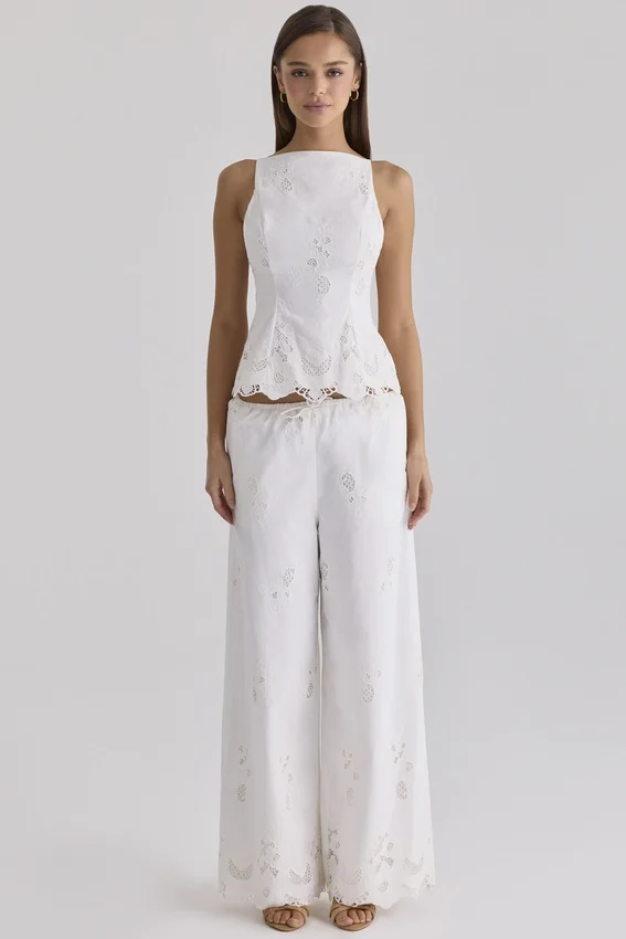 Mirea White Cotton Broderie Anglaise Wide Leg Trousers Mirea White Cotton Broderie Anglaise Wide Leg Trousers