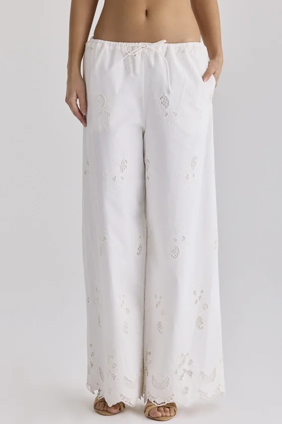 Mirea White Cotton Broderie Anglaise Wide Leg Trousers Mirea White Cotton Broderie Anglaise Wide Leg Trousers