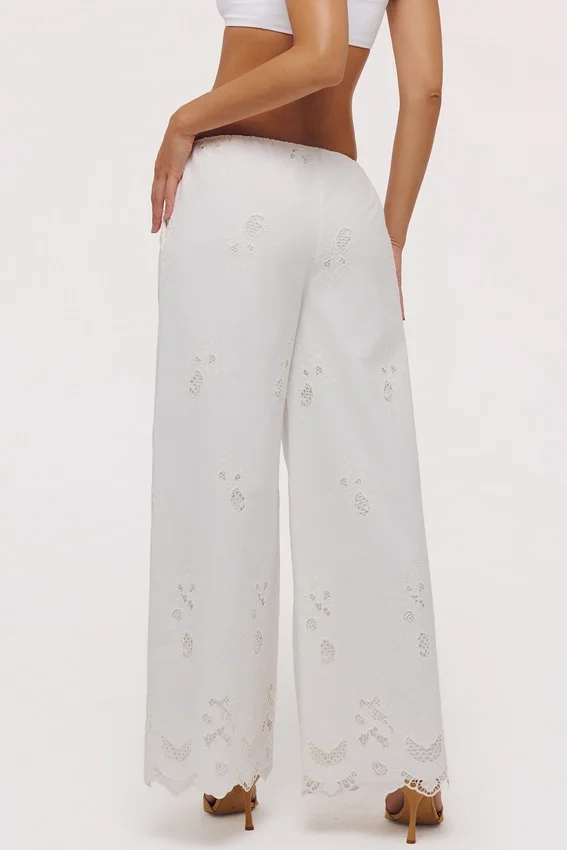 Mirea White Cotton Broderie Anglaise Wide Leg Trousers Mirea White Cotton Broderie Anglaise Wide Leg Trousers