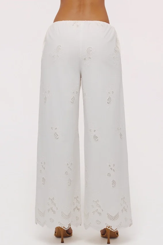 Mirea White Cotton Broderie Anglaise Wide Leg Trousers Mirea White Cotton Broderie Anglaise Wide Leg Trousers