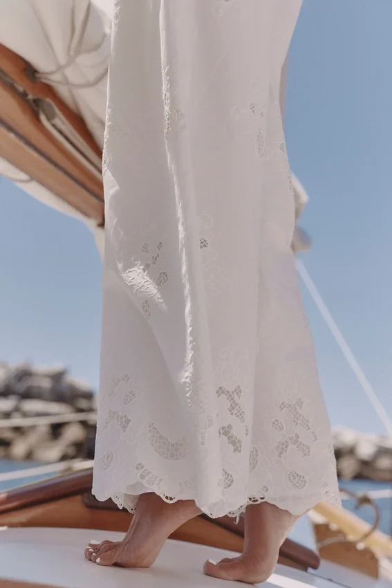 Mirea White Cotton Broderie Anglaise Wide Leg Trousers Mirea White Cotton Broderie Anglaise Wide Leg Trousers