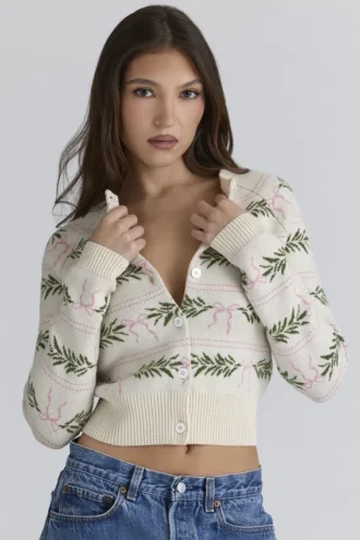 Mistle-Bow All Over Print Wool Cardigan