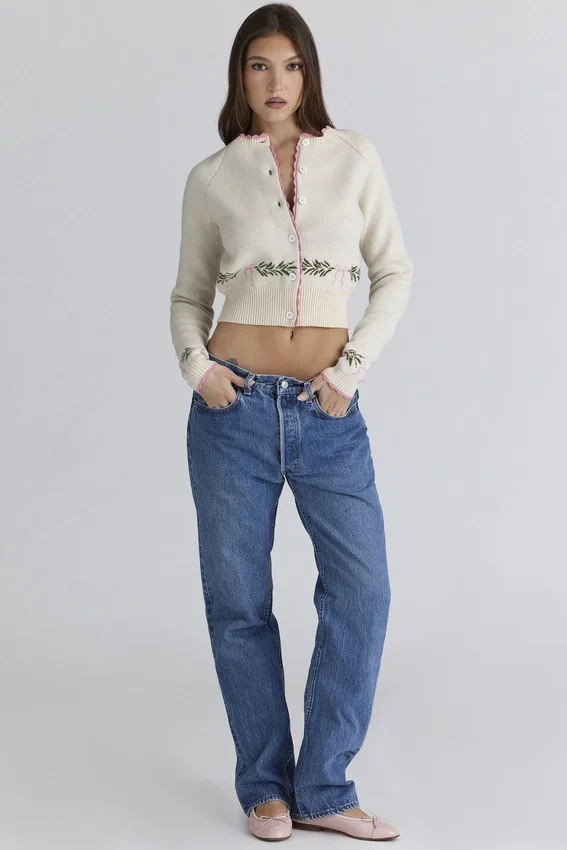 Mistle-Bow Cream Jacqard Wool Cardigan Mistle-Bow Cream Jacqard Wool Cardigan