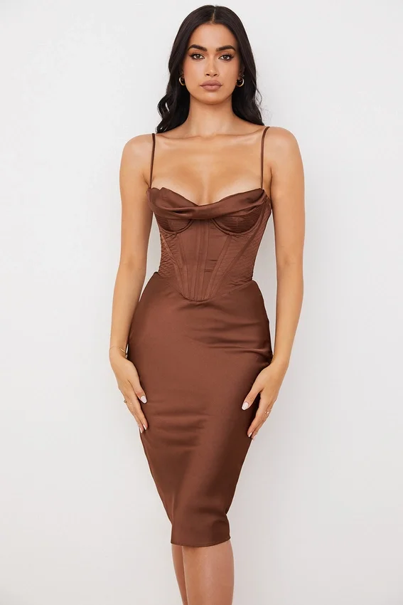 Myrna Chocolate Satin Corset Slip Dress Myrna Chocolate Satin Corset Slip Dress