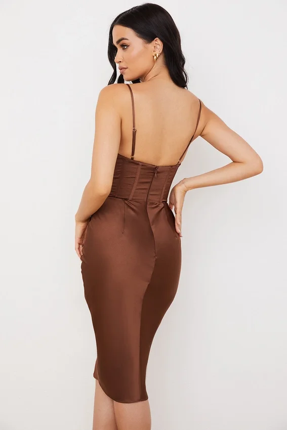 Myrna Chocolate Satin Corset Slip Dress Myrna Chocolate Satin Corset Slip Dress