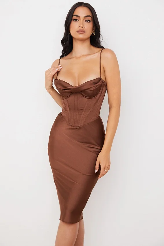 Myrna Chocolate Satin Corset Slip Dress Myrna Chocolate Satin Corset Slip Dress