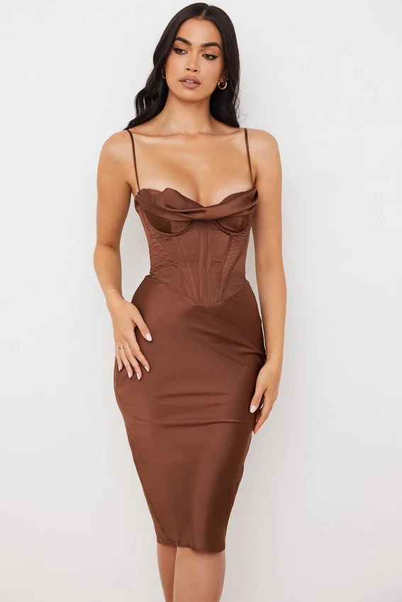 Myrna Chocolate Satin Corset Slip Dress Myrna Chocolate Satin Corset Slip Dress