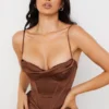 Myrna Chocolate Satin Corset Slip Dress Myrna Chocolate Satin Corset Slip Dress