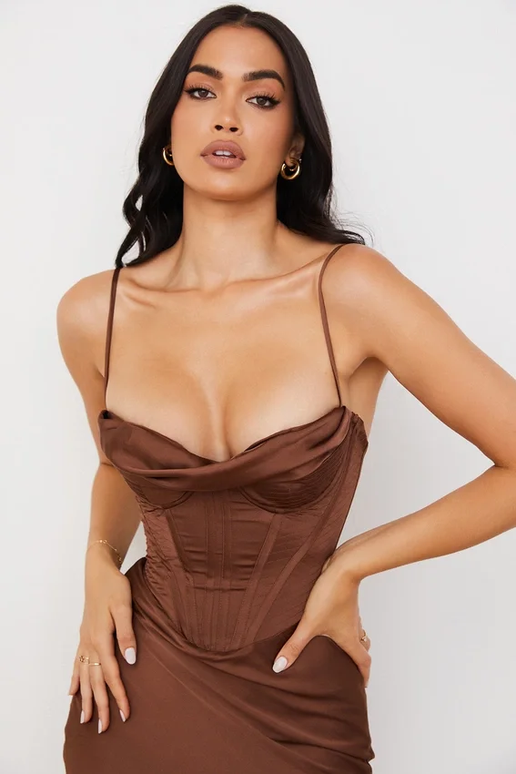 Myrna Chocolate Satin Corset Slip Dress Myrna Chocolate Satin Corset Slip Dress