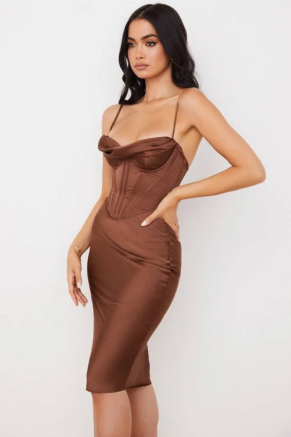 Myrna Chocolate Satin Corset Slip Dress Myrna Chocolate Satin Corset Slip Dress
