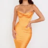 Myrna Tangerine Satin Corset Midi Dress Myrna Tangerine Satin Corset Midi Dress