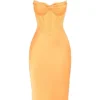 Myrna Tangerine Satin Corset Midi Dress Myrna Tangerine Satin Corset Midi Dress