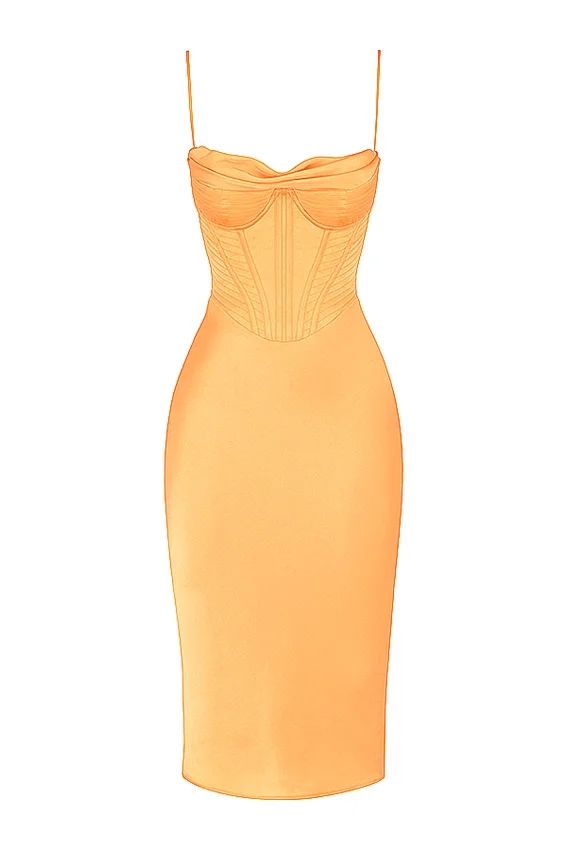 Myrna Tangerine Satin Corset Midi Dress Myrna Tangerine Satin Corset Midi Dress