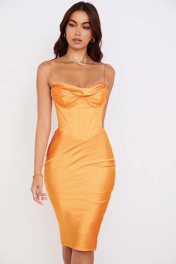 Myrna Tangerine Satin Corset Midi Dress Myrna Tangerine Satin Corset Midi Dress