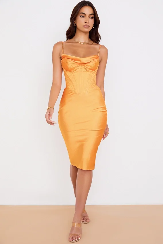Myrna Tangerine Satin Corset Midi Dress Myrna Tangerine Satin Corset Midi Dress