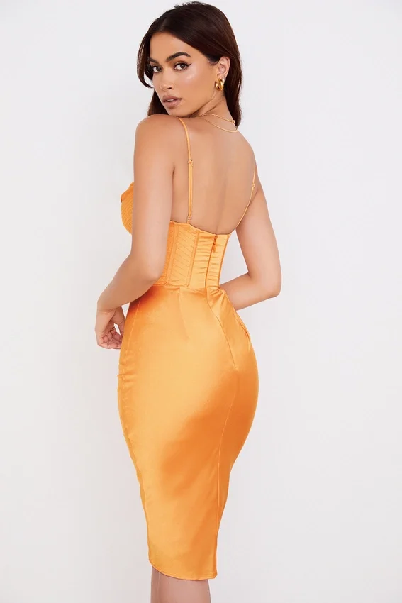Myrna Tangerine Satin Corset Midi Dress Myrna Tangerine Satin Corset Midi Dress