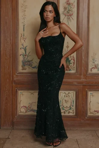 Naima Black Hand Beaded Embellished Corset Maxi Dress – Limited Edition