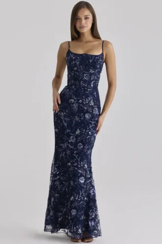 Naima Navy Hand Beaded Embellished Corset Maxi Dress