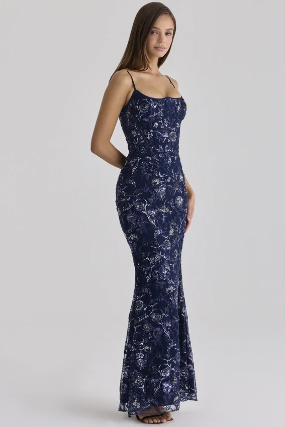 Naima Navy Hand Beaded Embellished Corset Maxi Dress Naima Navy Hand Beaded Embellished Corset Maxi Dress