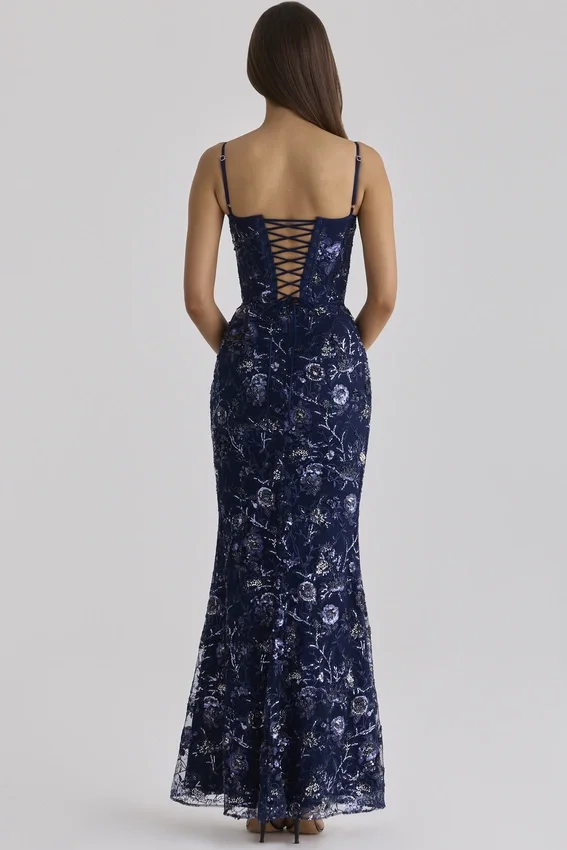 Naima Navy Hand Beaded Embellished Corset Maxi Dress Naima Navy Hand Beaded Embellished Corset Maxi Dress
