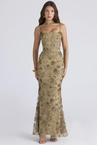 Naima Olive Bronze Hand Beaded Embellished Corset Maxi Dress – Limited Edition