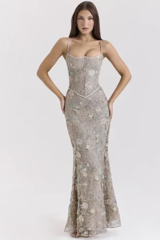 Naima Silver Embellished Beaded Corset Maxi Dress
