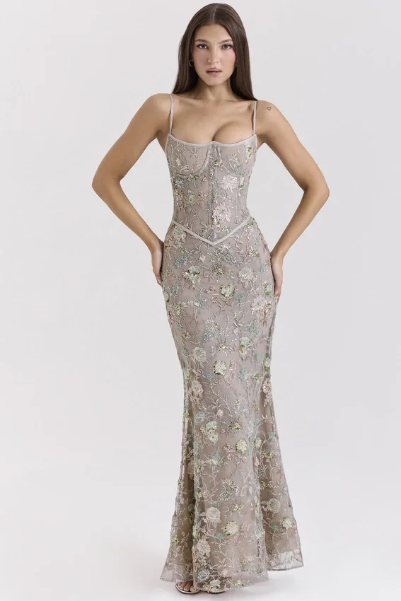Naima Silver Embellished Beaded Corset Maxi Dress Naima Silver Embellished Beaded Corset Maxi Dress