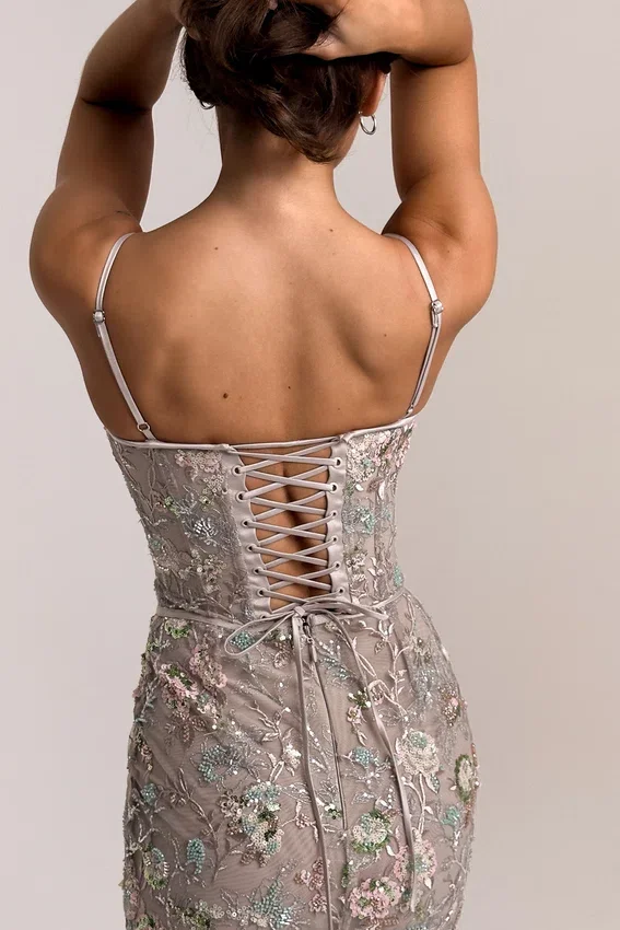 Naima Silver Embellished Beaded Corset Maxi Dress Naima Silver Embellished Beaded Corset Maxi Dress