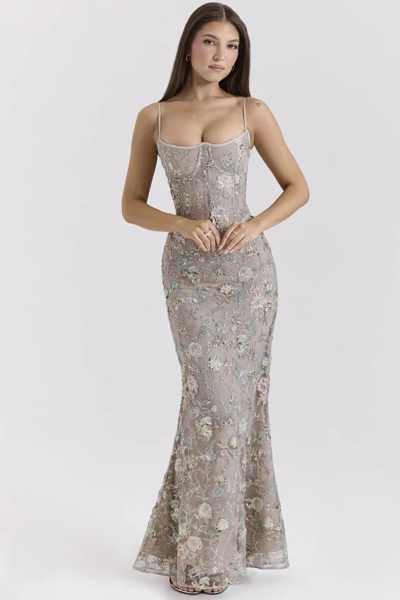 Naima Silver Embellished Beaded Corset Maxi Dress Naima Silver Embellished Beaded Corset Maxi Dress